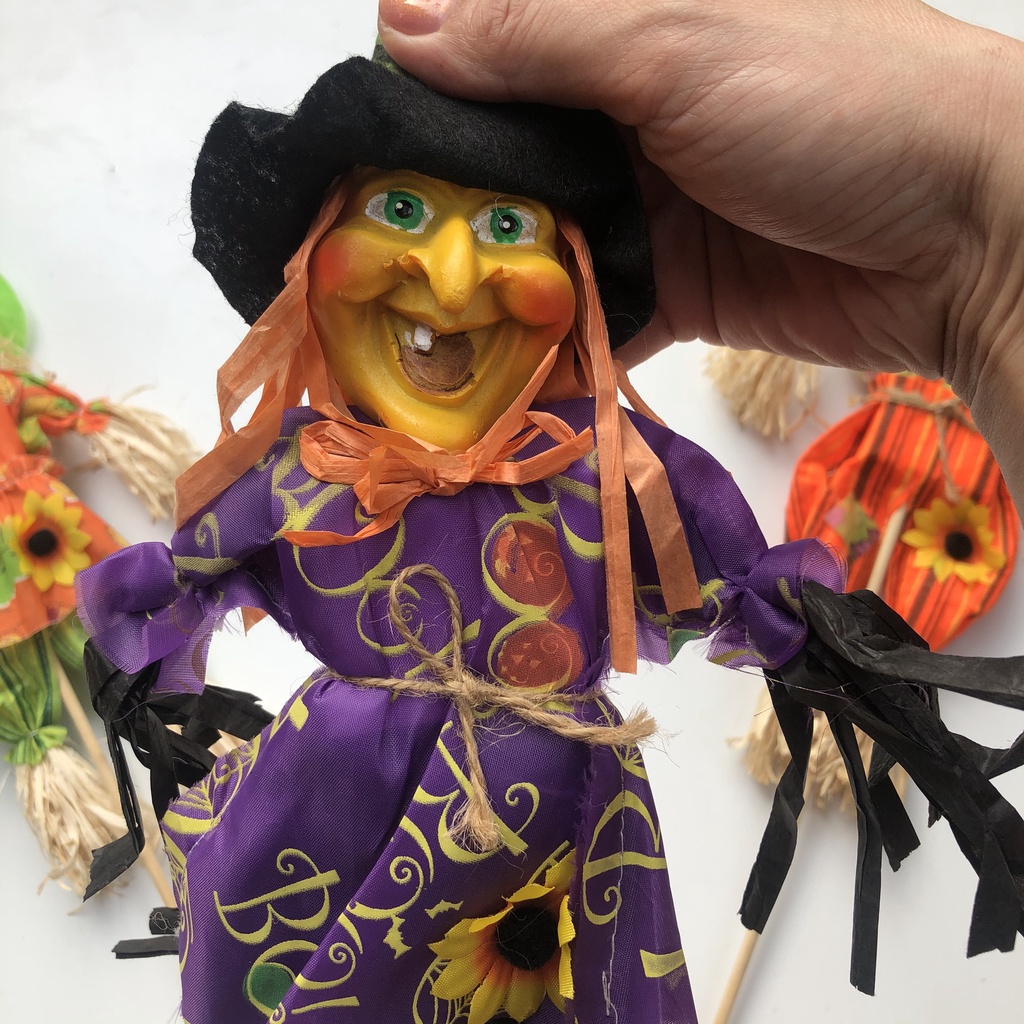 Hình nộm phù thủy, bù nhìn rơm trang trí Halloween cao 40cm cho bé chơi