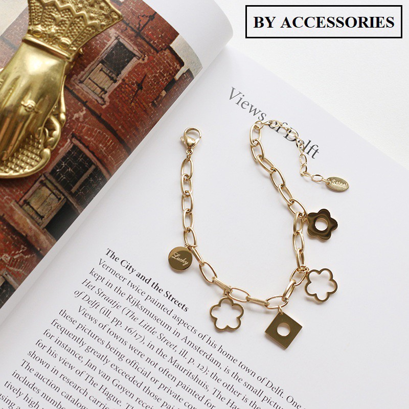 Lắc tay titan xích phối mặt vuông tròn hoa rỗng không gỉ