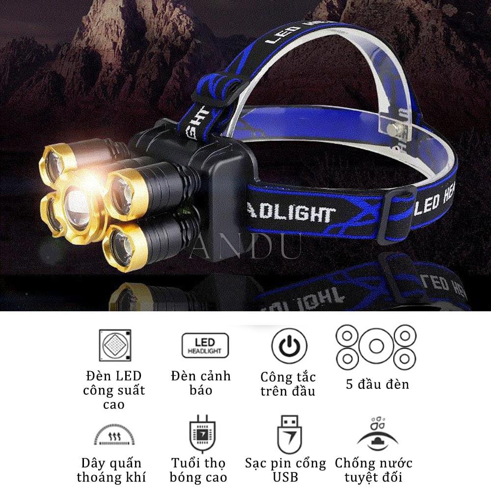 Đèn Pin Đội Đầu Đeo Trán 5 Bóng T6, Đèn Siêu Sáng Kèm Pin Sạc gọn gàng thuận tiện cho việc di chuyển | BigBuy360 - bigbuy360.vn