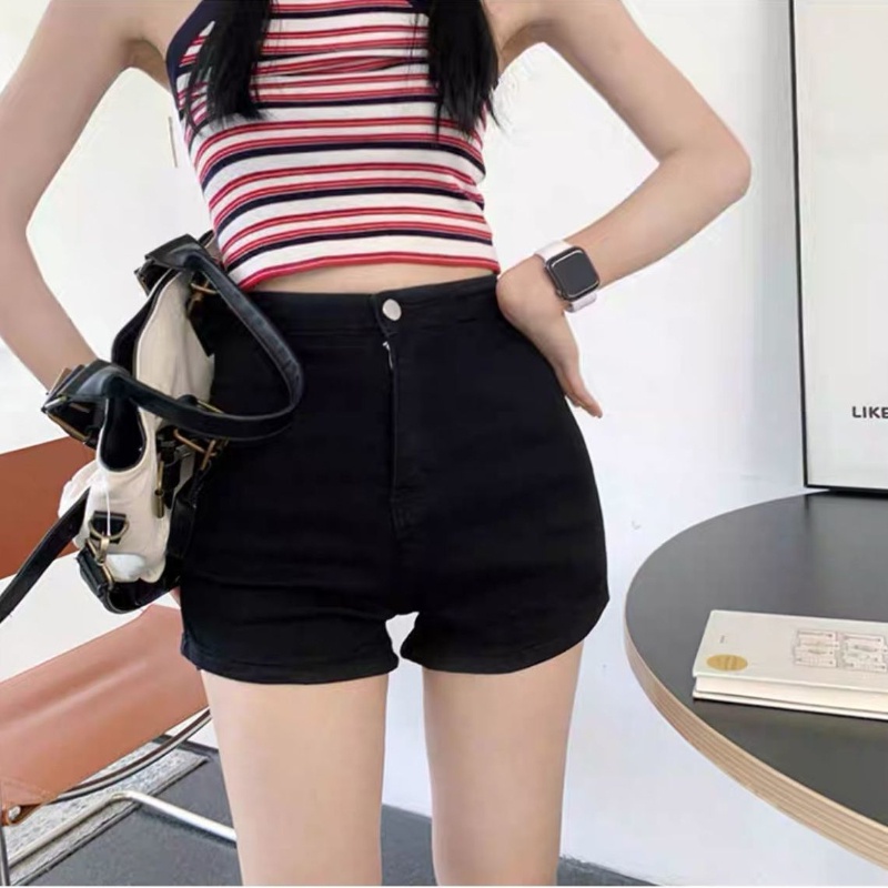 Quần short denim COZOK lưng cao co giãn kiểu dáng đơn giản thời trang