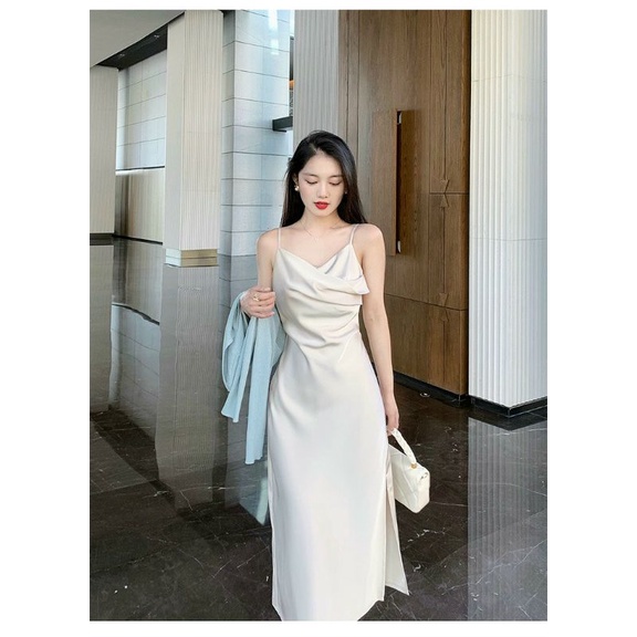 Đầm dáng xòe lụa 2 dây cổ đổ siêu xinh, váy maxi xẻ tà 1 bên tôn dáng - DTH
