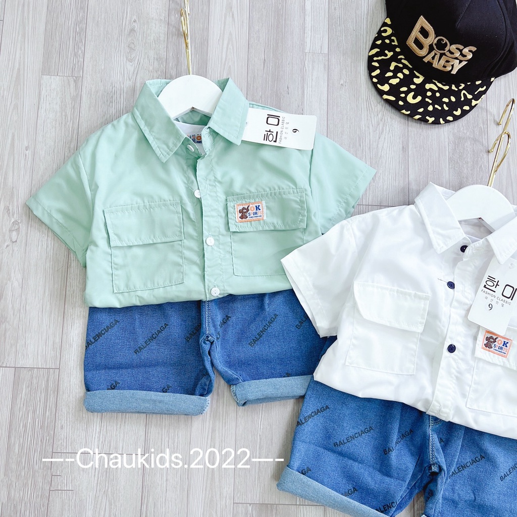Set sơ mi 3ct NTHD quần bò in chữ bé trai