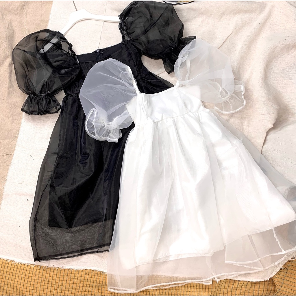 V037 Váy Babydoll tiểu thư xòe Voan trong 2 màu đen trắng 2 lớp Đầm bbd tay phồng Công chúa phong cách ulzzang