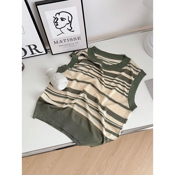 [Ảnh thật/Video]Áo mongtogi sát nách kẻ nhỏ Mina hàng Quảng Châu Áo len ba lỗ loại đẹp