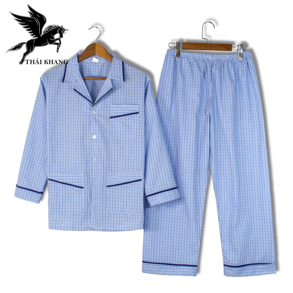 Bộ pijama nam dài tay trung niên vảo cotton mặc mát thoải mái cho người già loại bộ đồ trung niên mặc nhà loại caro