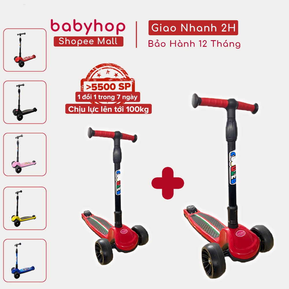 Combo 2 chiếc xe trượt scooter cho bé Babyfast thương hiệu Babyhop 3 bánh to phát sáng vĩnh cửu gấp gọn chịu lực 100kg