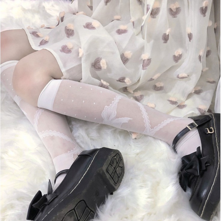 Tất Vớ Gối Lolita Họa Tiết Nơ Ren Dễ Thương Xuyên Thấu