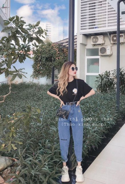 Quần baggy jeans minusone in hoa cúc hot trend, ảnh thật