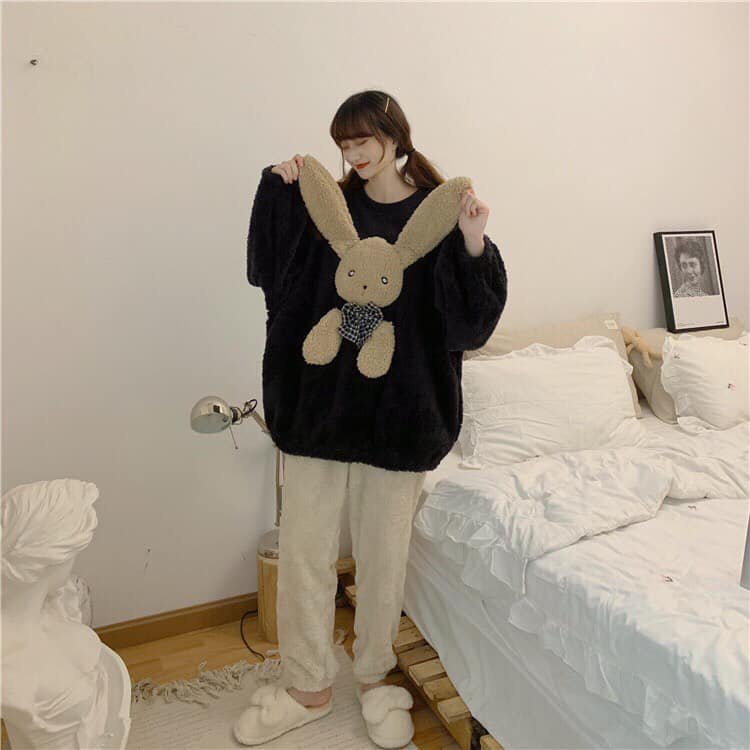 Bộ ngủ lông thỏ kute tay bồng phom rộng trẻ trung xinh xắn/ Set áo sweater lông cừu phối quần dài ống rộng 3107.STORE | BigBuy360 - bigbuy360.vn