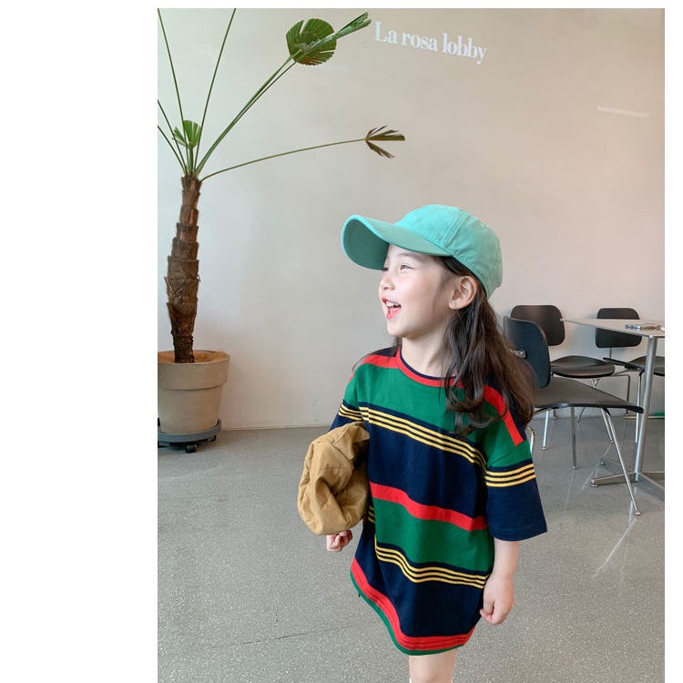 Áo Thun Cotton Dáng Dài Họa Tiết Kẻ Sọc Màu Sắc Tương Phản Phong Cách Hàn Quốc Thời Trang Mùa Hè Cho Nữ