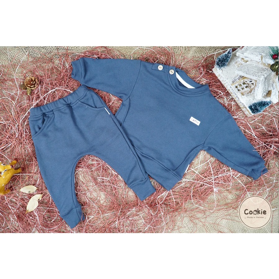 Cookie bộ nỉ dày dài tay cài vai cánh dơi cho bé