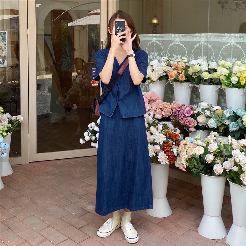 Set chân váy midi và áo sơ mi denim mùa hè (ảnh thật ở cuối)