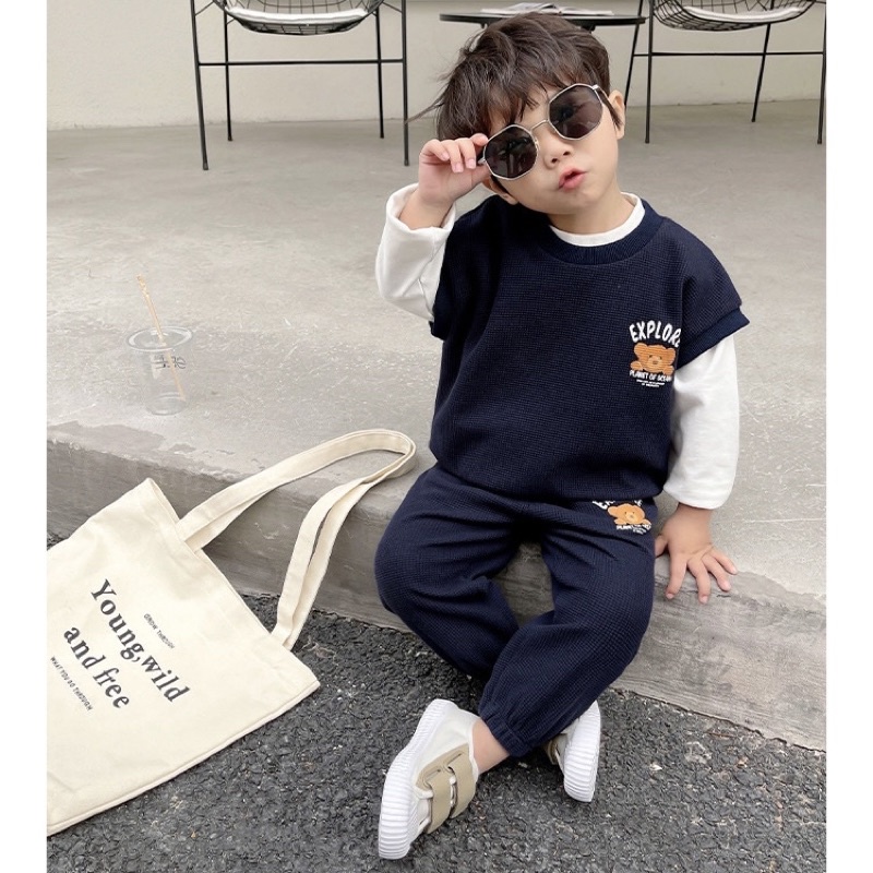 Bộ Thu Đông bé trai chất len tổ ong Royal kids