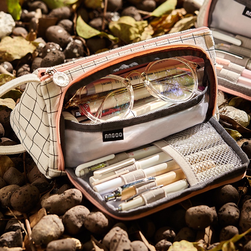 Hộp bút vải canvas Angoo túi bút double pen case bóp viết nhiều ngăn đa năng phong cách hàn quốc 7 màu tùy chọn