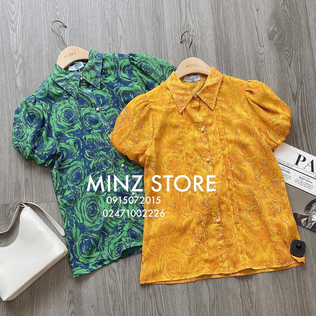 Áo sơ mi tơ hoa cổ nhọn tay bồng Minz