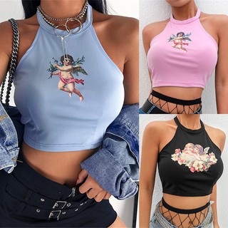 Áo Croptop sát nách hoạ tiết thiên thần cho phái nữ