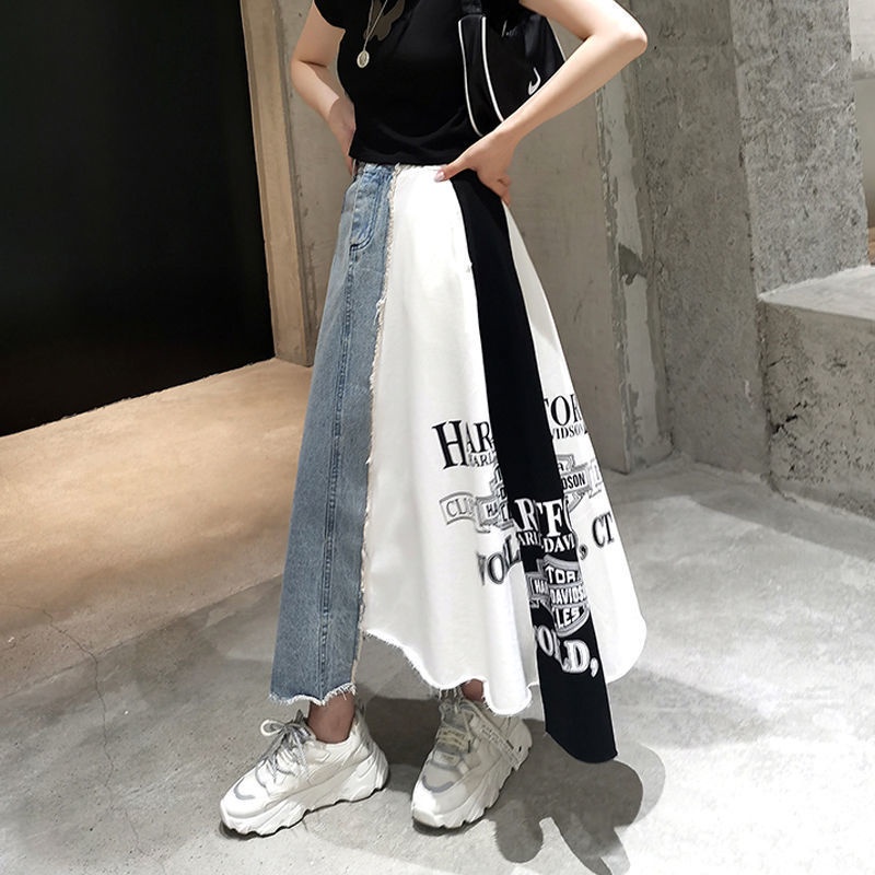 [LININ] Chân Váy Denim Lửng Eo Cao Vừa Vặn Ghép Mảnh Ghép Mảnh Ghép Vải In Chữ Thời Trang Phong Cách Mùa Hè
