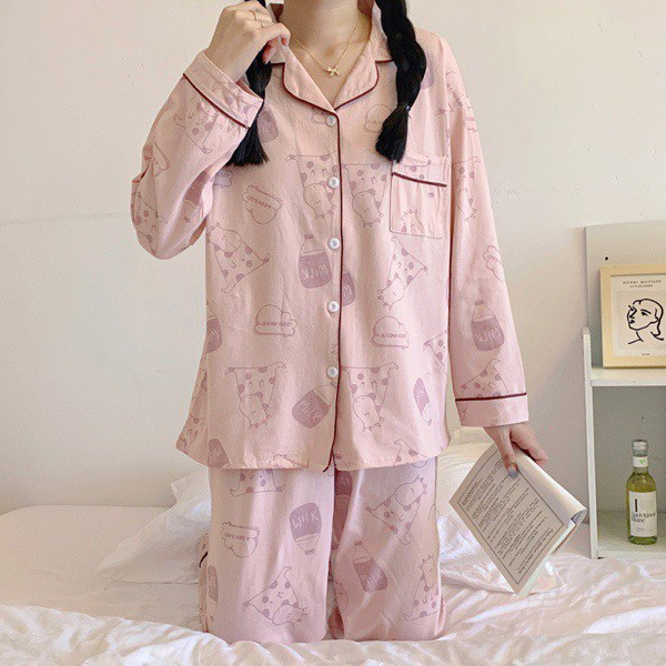 Bộ ngủ Pyjama Hình Bò Sữa Chất Cotton Ulzzang style🌸 Hàng Quảng Châu
