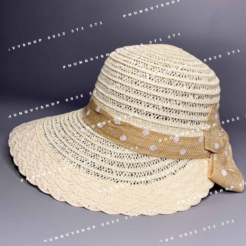 ĐG - Mũ cói HỞ SAU NƠ CHẤM BI vành viền Vảy- nón vành rộng đi biển che nắng