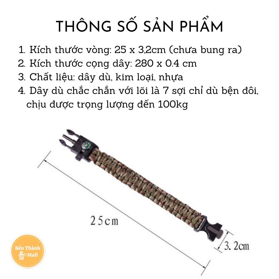 Vòng Tay Sinh Tồn, Paracord Đa Chức Năng- La Bàn- Lưỡi Cưa - Còi Kêu Cứu - Đánh lửa