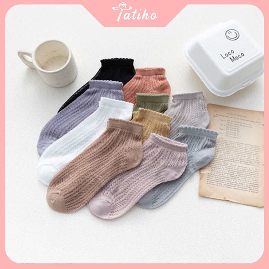 Tất Vớ Nữ Cổ Ngắn Chất Cotton Họa Tiết Trơn Phối Ren Mỏng Mềm Mại Thoáng Mát Phong Cách Hàng Quốc Dễ Thương - Mã TV013