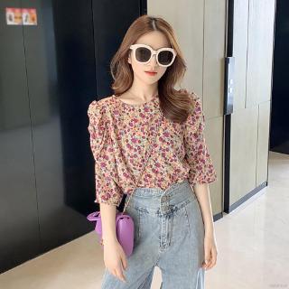 Áo Kiểu Chất Chiffon Tay Dài Hoạ Tiết Hoa Phong Cách Hàn Quốc (Màu Đỏ)