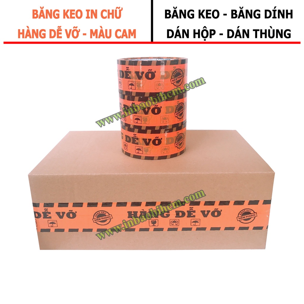 Băng keo HÀNG DỄ VỠ siêu dính màu CAM, Dày 50 Mic, Bản 4F8, Băng keo dán hộp, dán hộp giá rẽ, InbaobiHCM