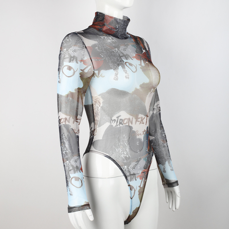 DUNEA Bodysuit Dài Tay Xuyên Thấu In Chữ Gợi Cảm Cho Phái Nữ