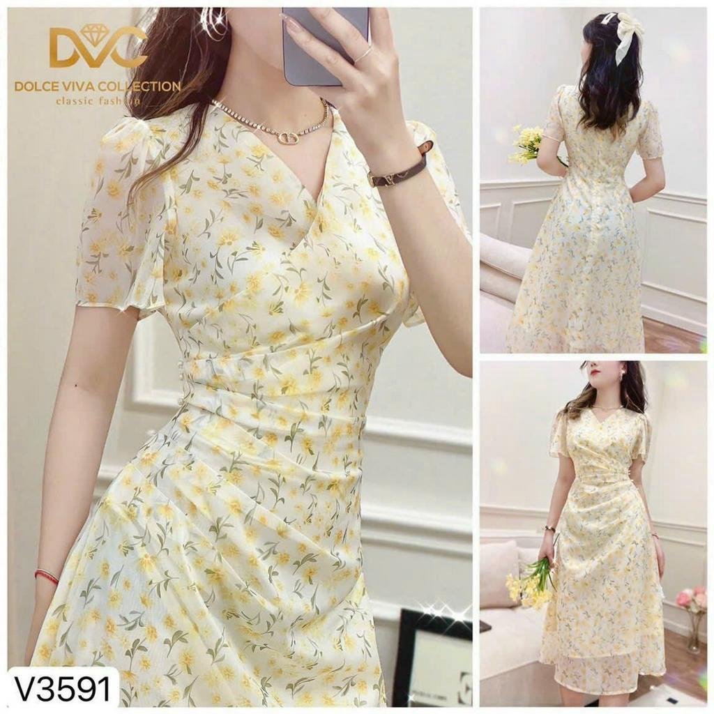 Đầm Voan Nữ Cổ V Xếp Ly Đính Cườm Eo Có Lót Sam Closet Phù Hợp Để Tới Công Sở, Đi Làm Hoặc Đi Chơi.
