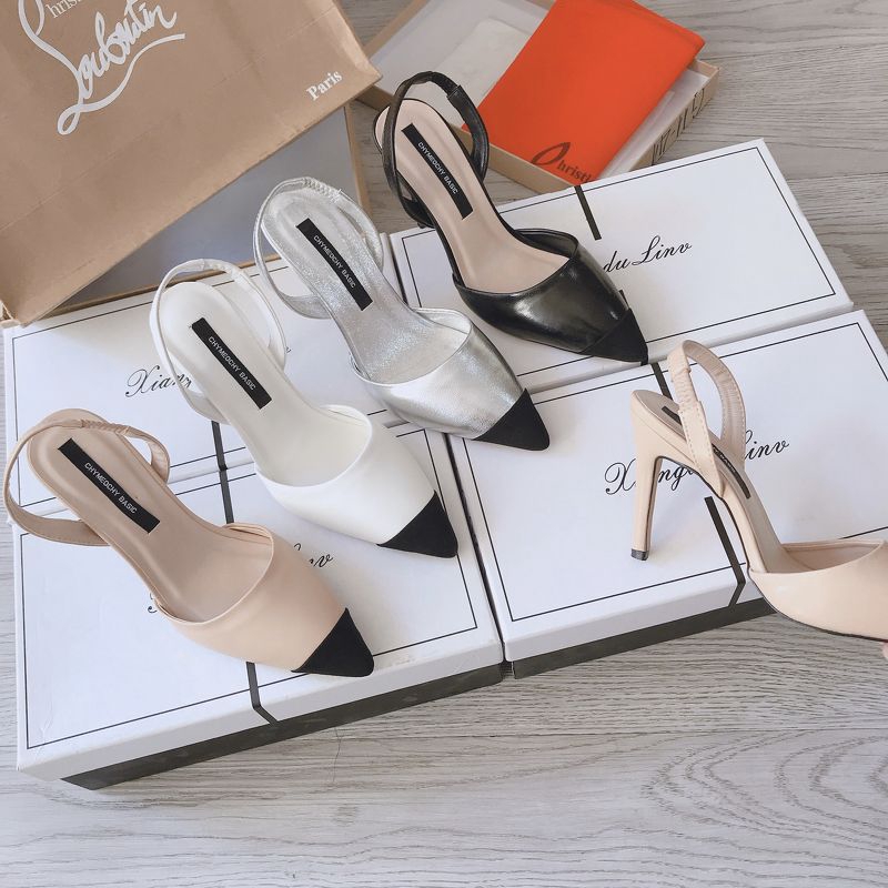 Sandal da phối mũi màu gót 7 phân
