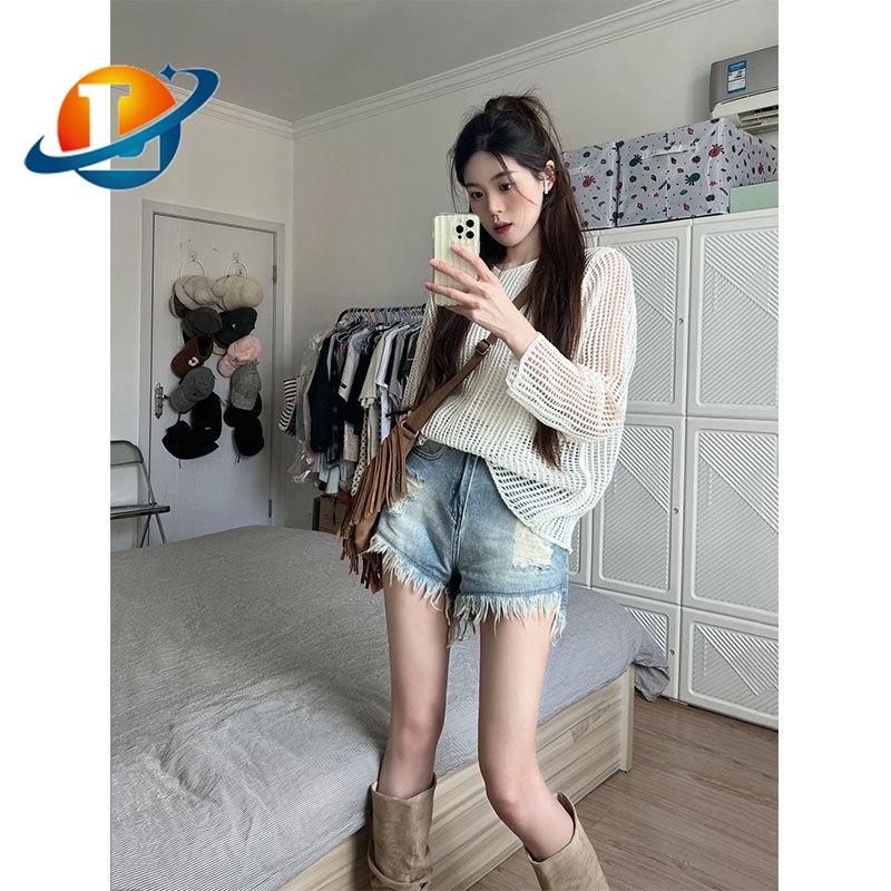 Quần Short Denim Lưng Cao Dáng Chữ a Rách Gối Phong Cách Âu Mỹ Thời Trang Mùa Hè Mới Cho Nữ