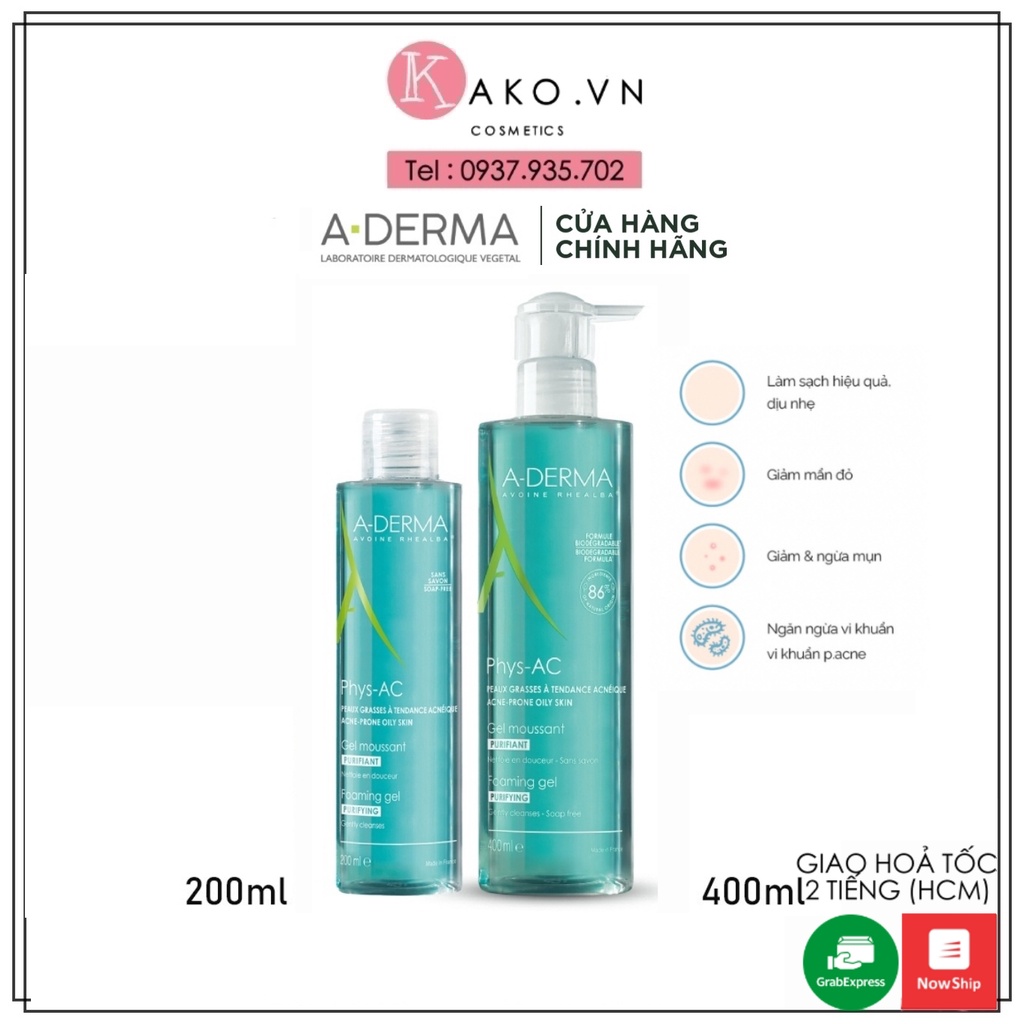 Sữa rửa mặt Aderma Phys-AC Gel dành cho da dầu, mụn, nhạy cảm