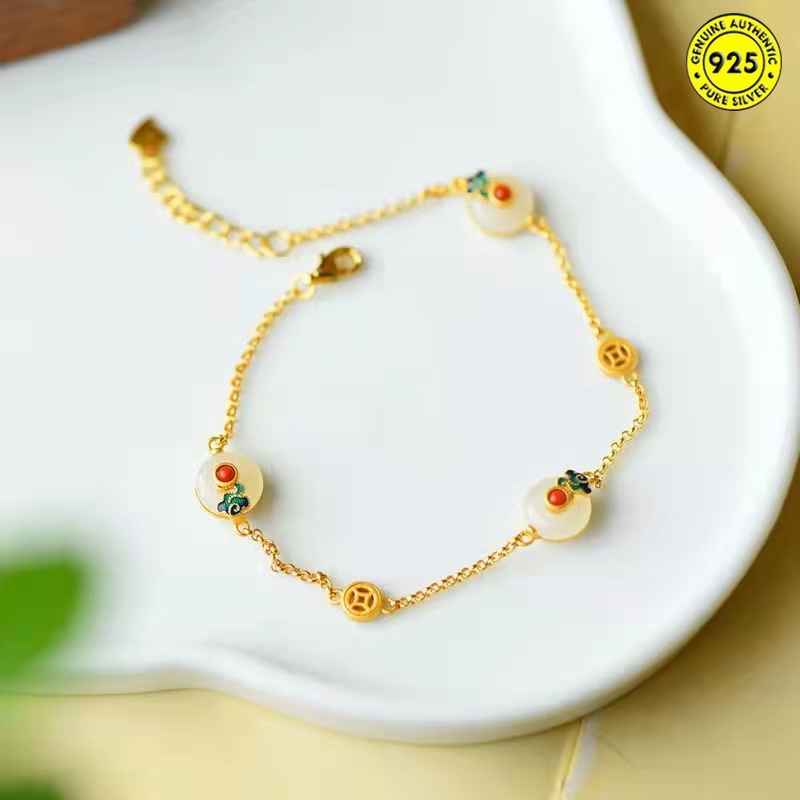 Vòng tay đá ngọc bích màu trắng xanh lam phong cách hoàng gia Trung Hoa cổ điển cho nữ