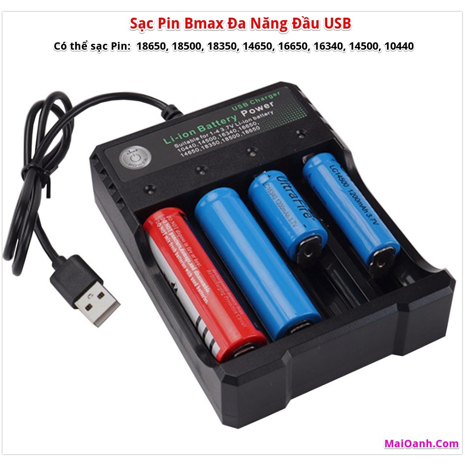 Sạc Đa Năng Đầu Usb Nhiều Khe - Sạc Pin 18650, 14500 - Tự Động Ngắt Khi Pin Đầy BMAX