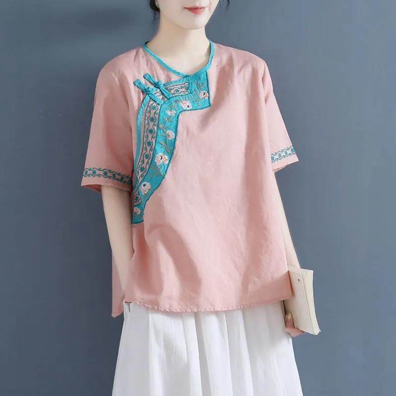 Áo Thun Cotton Ngắn Tay Cổ Tròn Form Rộng Thêu Họa Tiết Phong Cách Cổ Điển Dành Cho Nữ