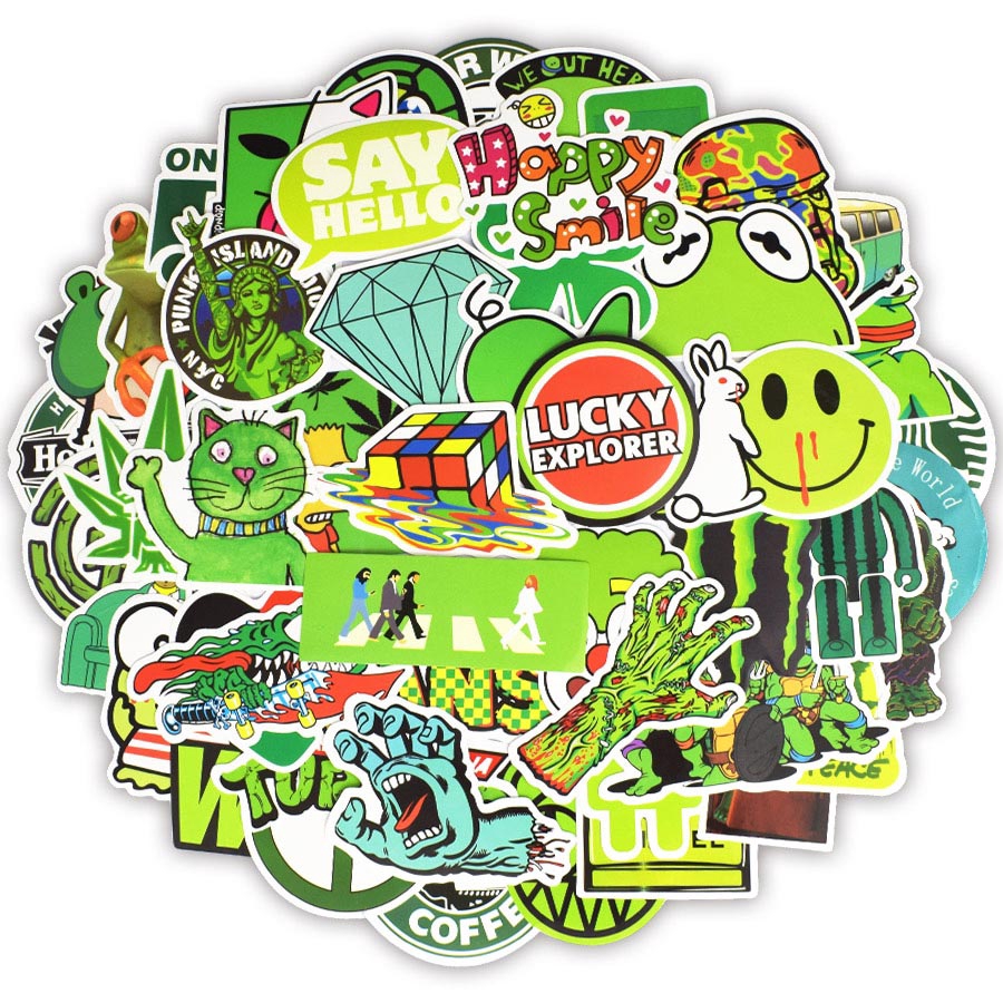 Set 50 sticker dán trang trí laptop/vali/ván trượt màu xanh lá cây