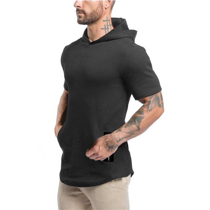 New Brand Casual Summer Gyms Clothing Bodybuilding Fitness Mens Fashion Sports Hip Hop Cotton Muscle Hooded Short Sleeve T-shirt