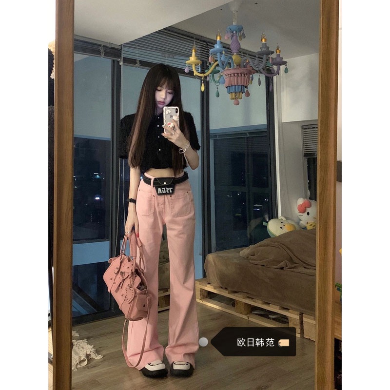✨Quần Jean Ống Loe Lưng Cao Dáng Rộng Màu Hồng Thời Trang Mùa Hè Hàng Mới Dành Cho Bạn Nữ