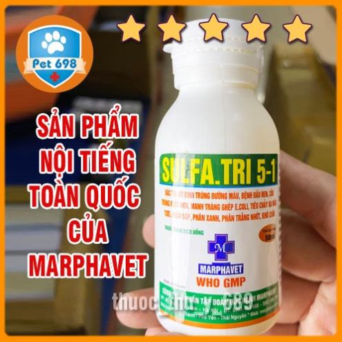 SULFA.TRI 5-1 50ml phòng bệnh đường ruột trên gà, vit, ngan, chó, mèo, thú cảnh, chim cảnh