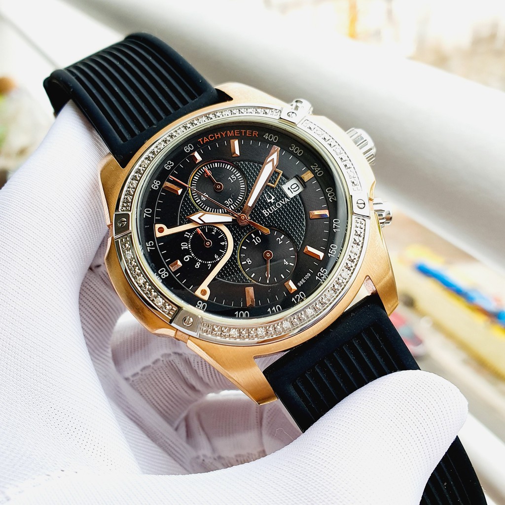 Đồng hồ nam chính hãng Bulova Casual Diamonds 98E109 Chronograph - máy quartz pin - Kính cứng - Dây cao su