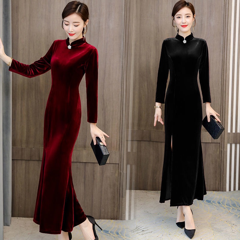 Sườn Xám Cách Tân Vải Nhung Tay Lỡ Thời Trang Xuân Thu