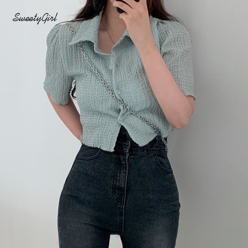 Áo Sơ Mi Tay Ngắn Cổ Bẻ Cài Nút Dáng Ôm Màu Trơn 2022 Thời Trang Cho Nữ