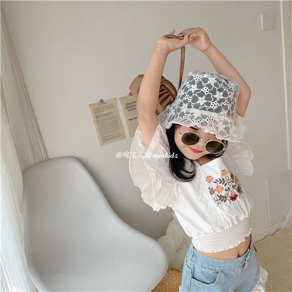 Áo Ren Ngắn Tay Thêu Hoa Cho Bé Gái