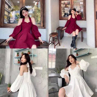 Đầm đỏ xòe cổ yếm nhún eo tay phồng váy tết tiệc prom du lịch