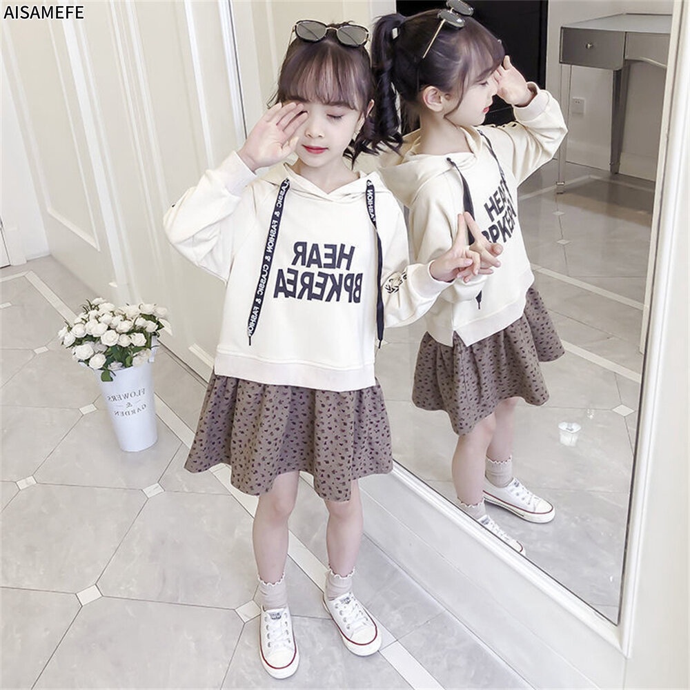Đầm Hoodie Giả Hai Mảnh In Chữ Thời Trang Hàn Quốc Mới Cho Bé Gái Tuổi Teen 2022 3-13 Tuổi