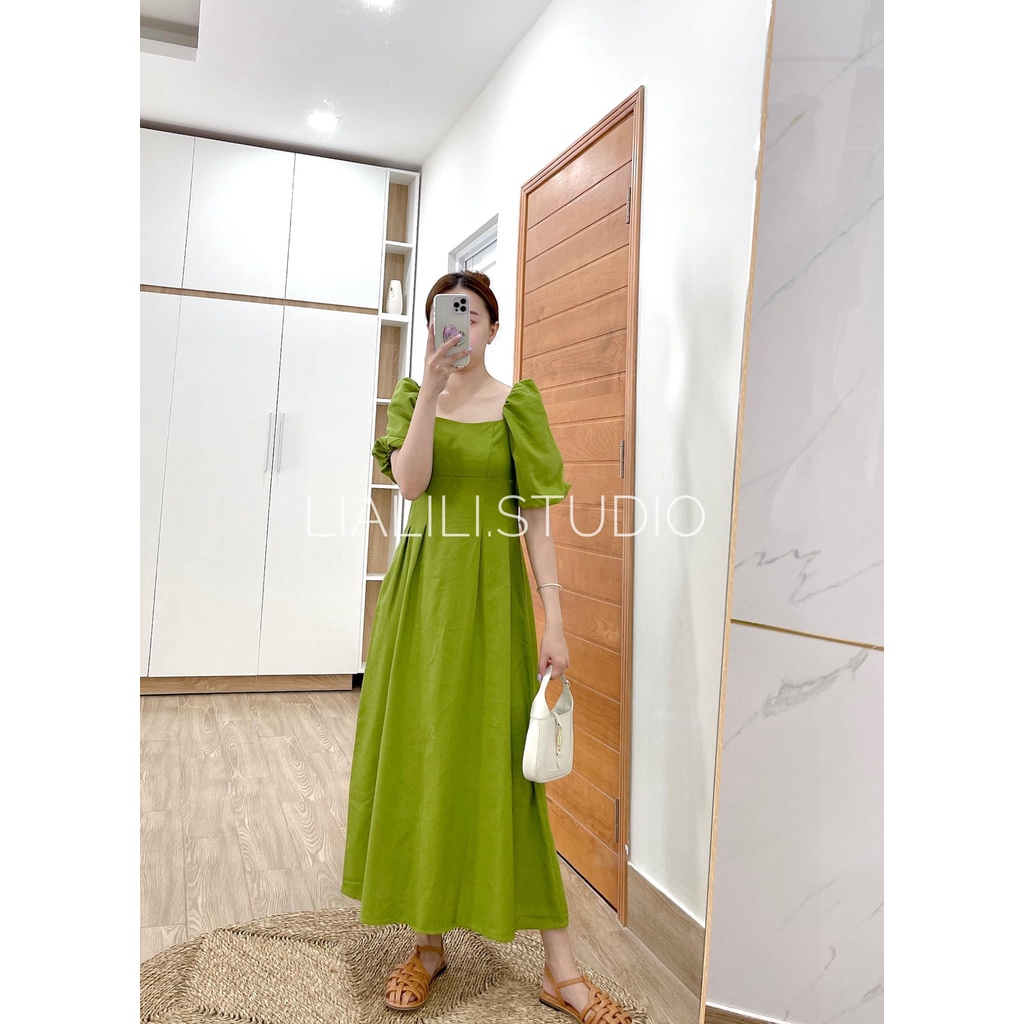Đầm xanh bơ, chất linen