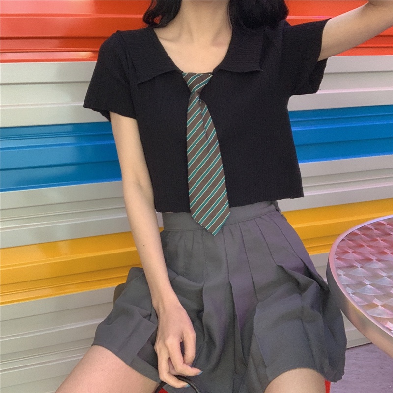 ZHELIHANGFEI Áo len dệt kim POLO cổ áo ngắn tay eo cao cổ điển