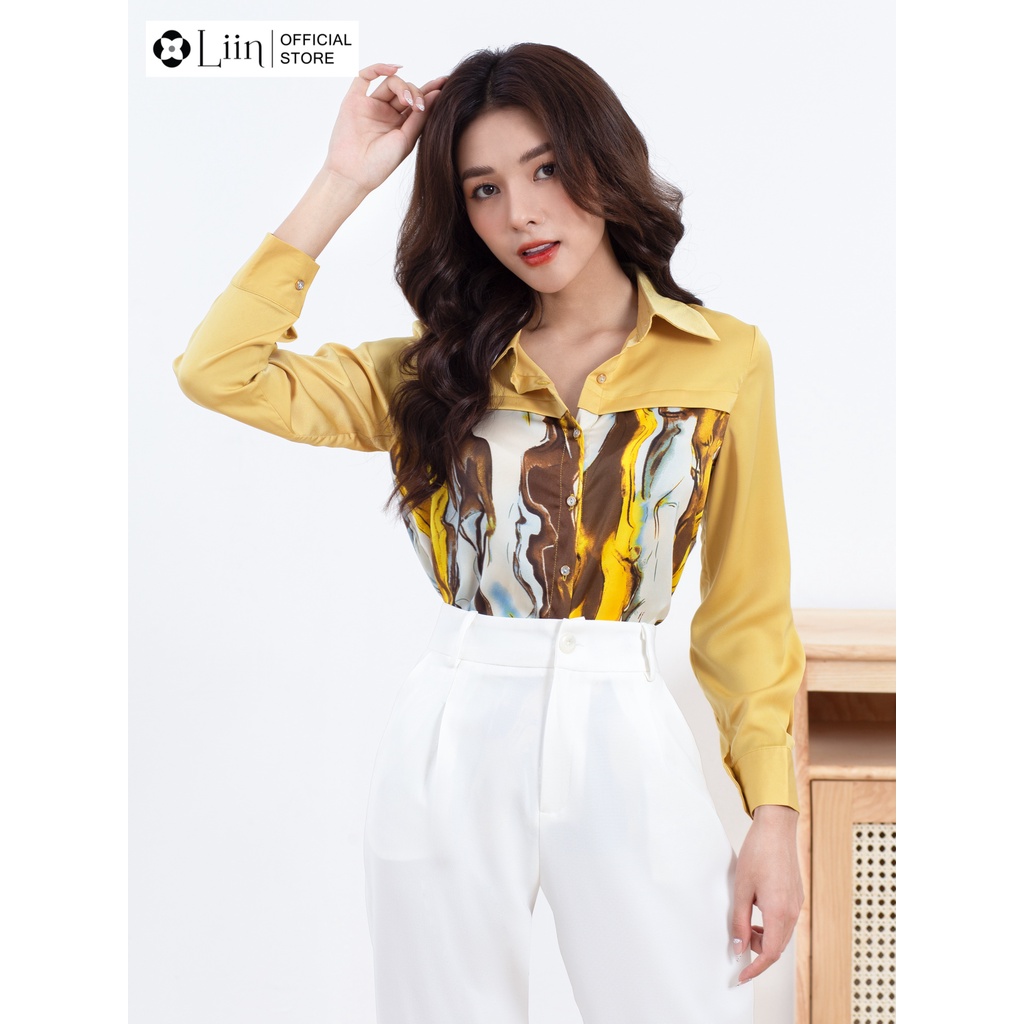 Áo sơ mi màu Vàng Phối Loang chất lụa cao cấp không nhăn Liin Clothing SM3065