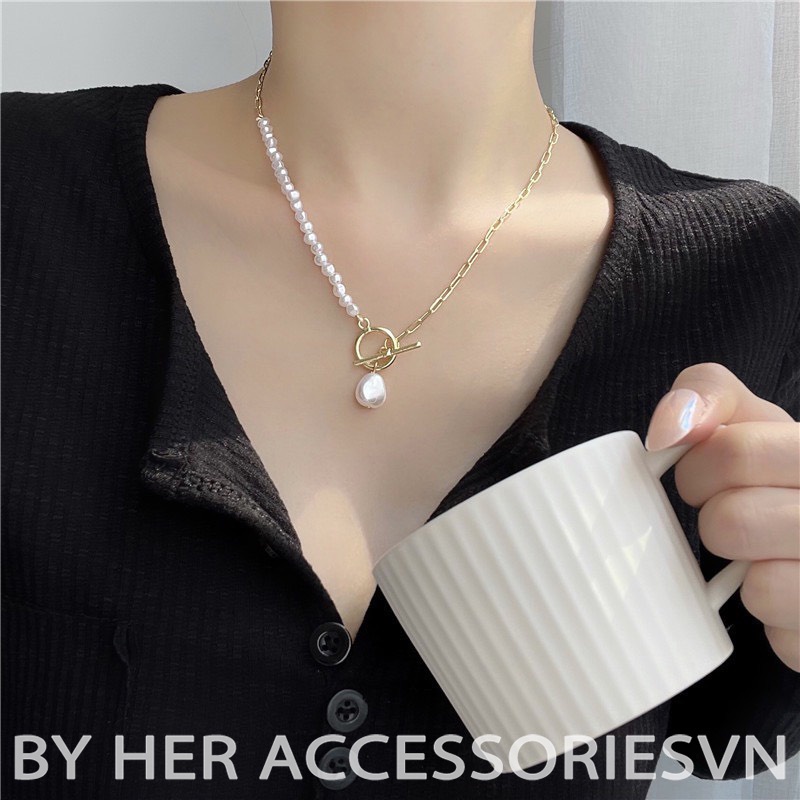 Dây chuyền chocker hạt trai, Vòng cổ nữ mặt tròn hạt trai tiểu thư thanh ngang Her Accessories C20