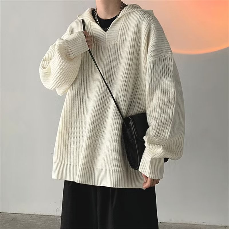 Áo Khoác Sweater Dệt Kim Dáng Rộng Màu Trơn Xẻ Tà Kiểu Hồng Kông Thời Trang Thu Đông Cho Nam